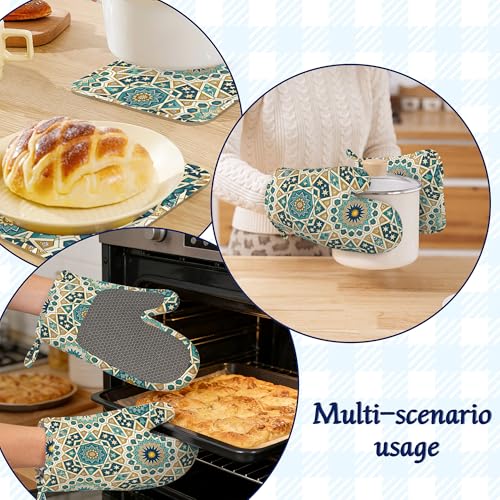 Mandela Geometric Oven Mitts and Pot Holders Sets of 4 Boho Abstract Heat Resistant Silicone Oven Mits Gloves Non-Slip Kitchen Mittens Potholders for Cooking Baking Grilling BBQ - color: Mandela Geometric,boho Abstract