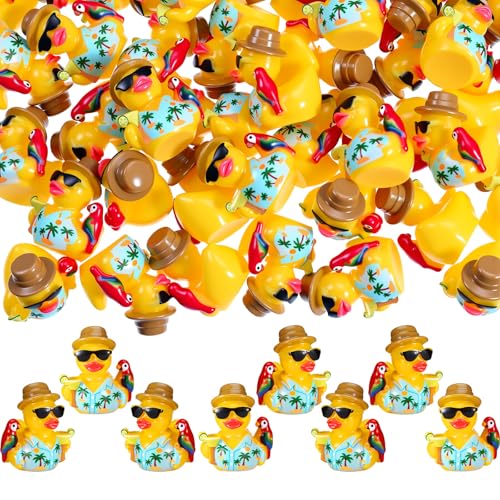 RoundFunny 50pcs Tropical Mini Duck Summer Party Favor Resin Miniature Duck | Small Duck Figurines Bulk for Cruise Ship, Hawaii Duckies Desk Ornament, Luau-themed Duckies for DIY Craft Cake Car Decor - style: Summer