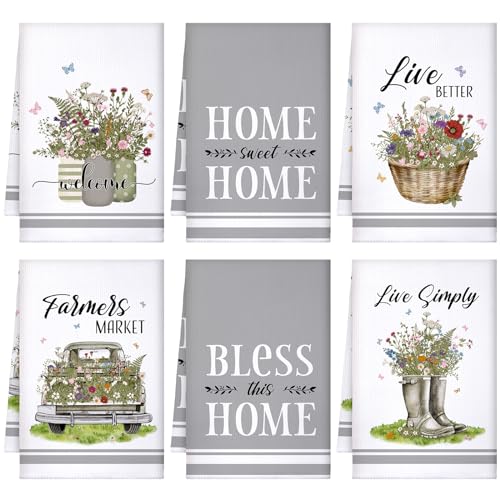 Boyiee Set of 6 Floral Kitchen Towels Wildflower Dish Towels Butterfly Truck Tea Towels 24 x 16 Inches Absorbent Hand Towels Flower Lover Housewarming Gifts for Farmhouse Kitchen Bathroom Decorations - color: Wild Flowers
