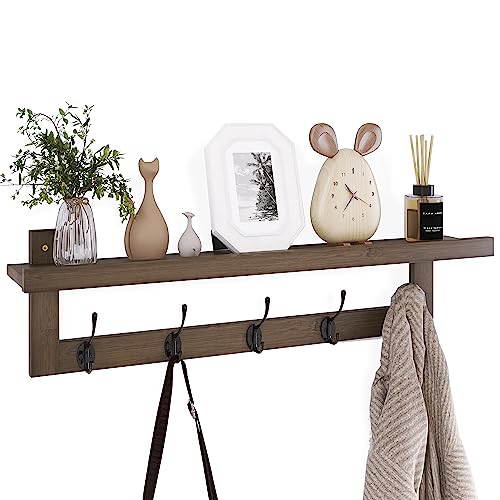 SMIBUY Coat Hooks with Shelf Wall-Mounted, 29.2 Inch Entryway Coat Rack for Wall, Bamboo Hanging Shelf with 5 Double Metal Hooks for Bathroom, Bedroom, Kitchen, Living Room, Mudroom (Walnut) - color: Walnut+Black