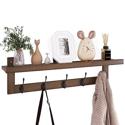 SMIBUY Coat Hooks with Shelf Wall-Mounted, 29.2 Inch Entryway Coat Rack for Wall, Bamboo Hanging Shelf with 5 Double Metal Hooks for Bathroom, Bedroom, Kitchen, Living Room, Mudroom (Walnut) - color: Walnut+Black