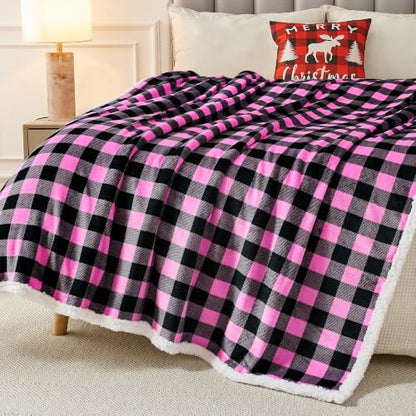 BEAUTEX Christmas Sherpa Fleece Twin Blanket Soft Warm Buffalo Plaid | Plush Blanket & Throw, Winter Cozy Fuzzy for Couch, Sofa, Bed (Pink, 60" x 80") - color: Pink, size: Twin-60"x80"