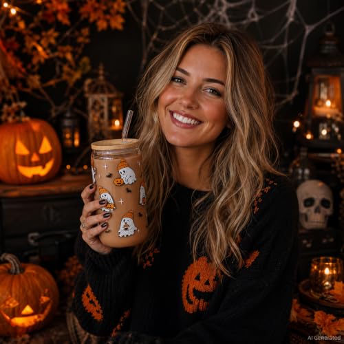 Halloween Ghost Gift Cute Pumpkin Glass Cup with Lid and Straw | Fall Iced Coffee Glass Tumbler Mug Gifts for Women Men, Birthday Thanksgiving Presents Basket Stuff for Teens Girls 16oz - style: Hat Ghost