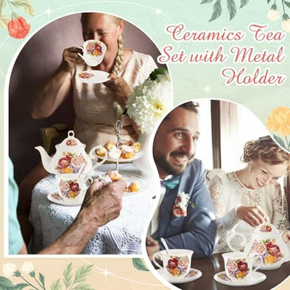 Zhehao 20 Pcs Porcelain Tea Set with Metal Holder and Spoon Adult Ceramic Tea Set European Flower Painting Teapot Cup Saucer Spoon for Women Mom Gift, Large Version (Groovy Style) - color: Styleish Style