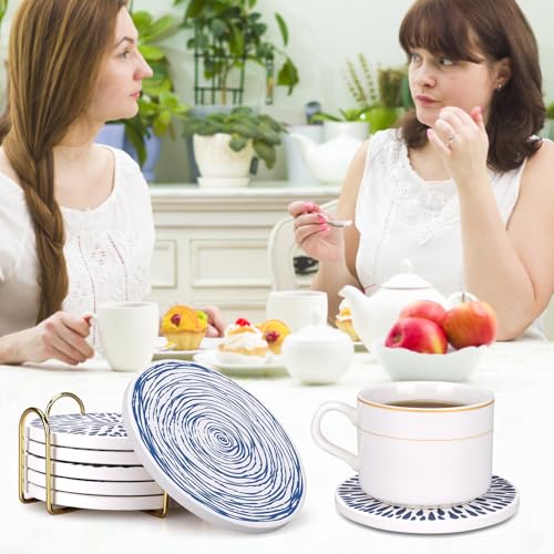 Absorbent Coasters Set of 6 Round Ceramic Coasters for Drinks Modern Blue Boho Coaster with Holder for Coffee Table Decor, Outdoor, Desk - style: Blue