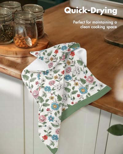 2pcs Cotton Waffle Kitchen Towels, Vibrant Botanical | Waffle Weave, Terry Cloth, Pure Cotton, Sustainable, 16"x26", Highly Absorbent, with Hanging Loop, Giftable Package - color: Vibrant Botanical
