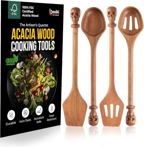 Acacia Wood Cooking Utensil Set with Skull Handles – 4-Piece FSC Certified Acacia Wood Kitchen Tools, Eco-Friendly Nonstick Safe Cooking Utensils (Spatula, Spoon, Slotted Turner, Slotted Spoon) - color: Acacia Signature Skull Set