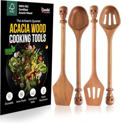 Acacia Wood Cooking Utensil Set with Skull Handles – 4-Piece FSC Certified Acacia Wood Kitchen Tools, Eco-Friendly Nonstick Safe Cooking Utensils (Spatula, Spoon, Slotted Turner, Slotted Spoon) - color: Acacia Signature Skull Set