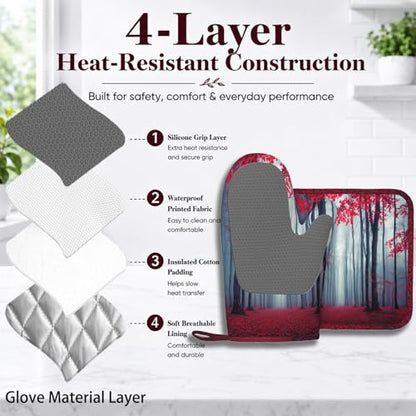 Misty Forest Oven Mitt and Pot Holder with Silicone Woodland Mountain Heat Resistant Kitchen for Cooking BBQ Baking Grilling Cooking Protection - color: Misty Forest