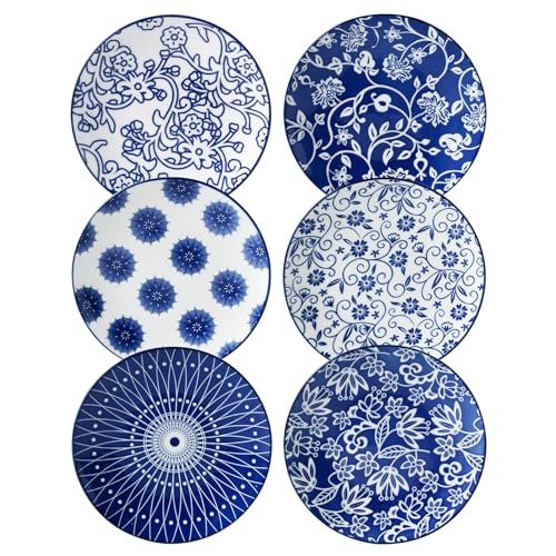 Ceramic Dessert Plates Set - 6 Inch Mini Appetizer Plates for Kitchen - Small Salad Plate for Snacks Side Dish Cake, Gift, Microwave Dishwasher Safe, Set of 6, Vintage Blue - color: Vintage Blue, size: 6 INCH