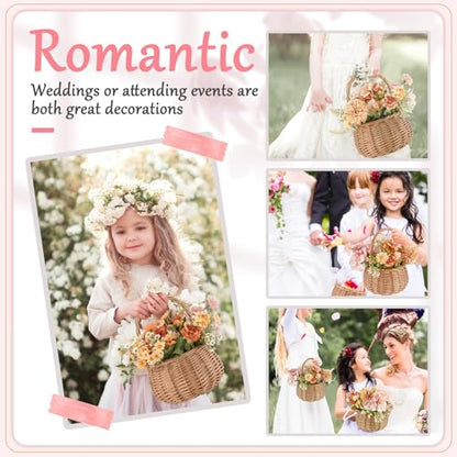 Weysat 2 Pcs Small Flower Girl Basket with Handle Wicker Rattan Flower Basket Set, Rustic, Hand Woven for Wedding Girl Home Decorations Picnic Garden Candy Sweets Gifts Storage, Multifunctional - style: Natural