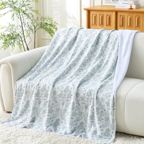Viviland Cotton Muslin Blanket Reversible Fleece Blanket Lightweight Breathable Gauze Queen Size 90 x 90 Inches, Green Narcissus - color: Green Narcissus, size: Queen Size (90 X 90 Inches)