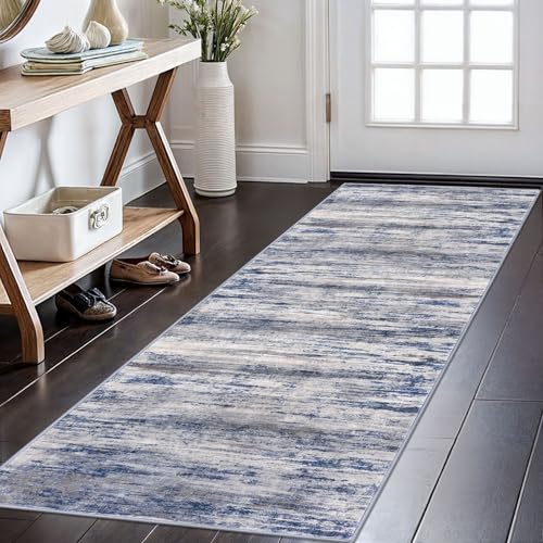 KOZYFLY Modern Washable Rug Runner 2x6 Runners for Hallways Grey-Blue | Non-Slip, Non-Shedding, Low Pile Soft, Abstract Striped, For Hall Kitchen Entryway Bathroom Laundry Bedroom Foyer - color: Blue-grey, size: 2' x 6' (Runner)