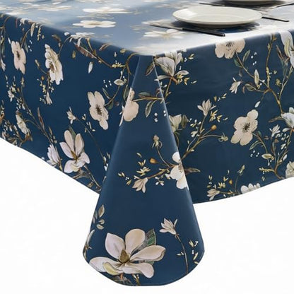 Pioggia Vinyl Tablecloth with Flannel Backing - Waterproof, Oil-Proof, Easy to Clean -Plastic Table Cloth - Perfect for Dining Tables, Kitchen Tables, Parties (Blue Flower, 54×54 Inch Square) - color: Blue Flower, size: 54" x 54" (Square)