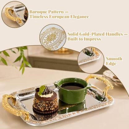 3 Pcs Silver Serving Trays with Handles | Metal Decorative Floral Rectangle Tray Set for Coffee Tea Dessert, Silver & Gold Platter for Buffet Wedding Home Decor