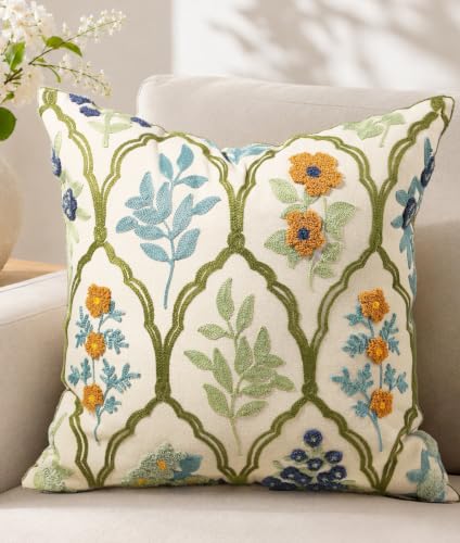 Embroidered Floral Throw Pillow Cover 18x18 Inch, Cottage Flower | Decorative Pillow Cover, Cottagecore Cushion Case with Hidden Zipper, Fall Home Decor for Couch, Sofa, Living Room, Bedroom - color: Verdant Blooms