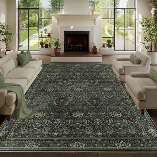 9x12 Washable Area Rug Non-Slip Throw Rug for Living Room Dark Green | Soft Low-Pile Area Rug,Vintage Distressed Botanical Birds Carpet,Stain Resistant Area Rug for Farmhouse Dining Room Office - color: Dark Green, size: 9' x 12' (Rectangular)