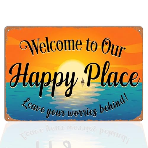 Happy Place Sign Outdoor, Beach Porch Pool Metal Tin Sign Wall Decor | 8x12 inch, sunset ocean coastal style, patio poolside backyard decor, pre-drilled holes, rust-resistant - color: K