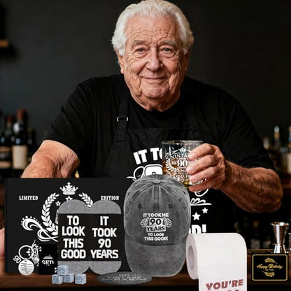 90th Birthday Gifts for Men Whiskey Glass Set, 90th Birthday Party Supplies with 11 Oz Whiskey Glass Coaster Stone Baseball Cap Apron Sock Toilet Paper Keychain for Him, Dad, Husband, Friends - style: 90th Birthday