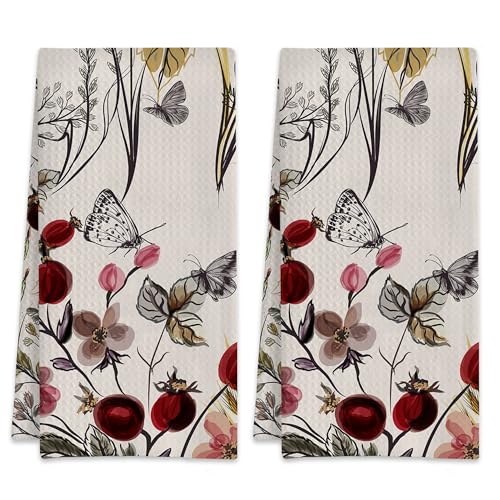 Flower with Plants Butterflies Retro Hand Towels Set of 2,Waffle Weave Soft Absorbent Kitchen Dish Towels,Decorative Bathroom Towel for Hotel Bath Gym Yoga 16"x24" - color: Flower With Plants Butterflies Retro