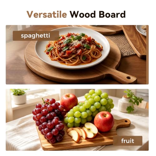 2 Pcs Acacia Wood Cutting Board Set with Handle, Round & Rectangular Wooden Cutting Boards, Charcuterie Board, Chopping Board Set with Hanging Design, Serving Tray for Cheese Meat Pizza