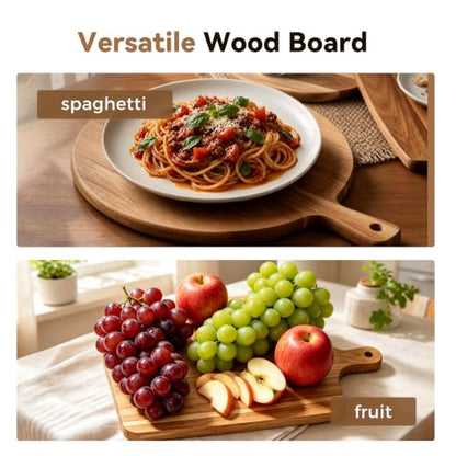 2 Pcs Acacia Wood Cutting Board Set with Handle, Round & Rectangular Wooden Cutting Boards, Charcuterie Board, Chopping Board Set with Hanging Design, Serving Tray for Cheese Meat Pizza