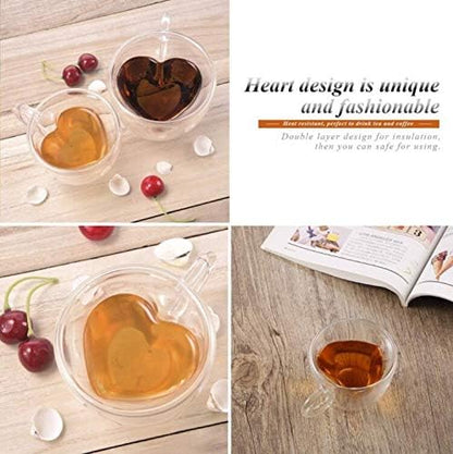2 Pack Heart Shaped Double Walled Insulated Glass Coffee Mugs or Tea Cups，Beautiful Heart Shape, Thermo Insulated Premium Quality Borosilicate Glass, Set of 2 (8.5 oz, 240 ml)