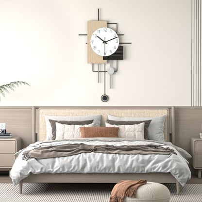 Modern Minimalist Wall Clock Creative Wooden Decorative Wall Clocks Silent Non Ticking Pendulum Clock Battery Powered Quartz Clock for Living Room Kitchen Bedroom Office, 16.5 * 29 in