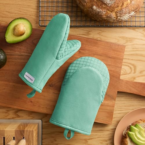 KITCHENAID Gourmet Series Gridlines Mini Oven Mitts 2-Pack Set, Heat Resistant up to 600°F, Soft Silicone Grip, Magnetic Cuff, Color of The Year, Spearmint, 5.5"x9" - color: Spearmint