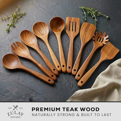 Zulay Kitchen 9-Piece Teak Wood Cooking Utensil Set – Non-Toxic & Non-Stick Safe Wooden Spoons & Kitchen Tools with Comfortable Grip, Smooth Finish Natural Teak – Perfect Kitchen Gift Set - size: 9 Piece