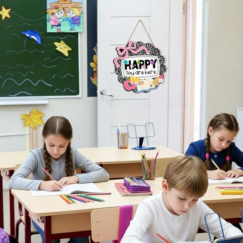 Kajaia Teacher Classroom Door Sign Back to School Notebook Composition Decor 13 in Wooden Smile Face Preppy Welcome Door Sign Happy You Are Here Teacher Gift for First Day of School Preschool Wall