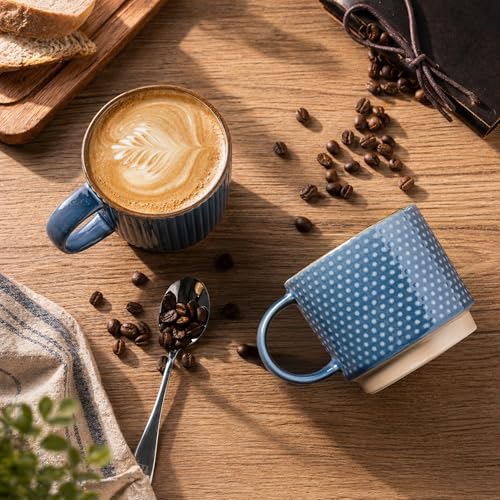 GBhome 12 OZ Stackable Coffee Mugs, Ceramic Coffee Mugs with Texture Patterns for Man,Woman,Dad,Mom, Modern Coffee Cups Set of 4 for Latte/Cappuccino/Cocoa. Dishwasher&Microwave Safe | 4 Assorted Designs, Embossed Mugs with Texture Patterns for Tea/Coffee