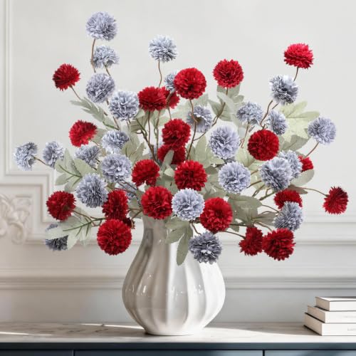 INQCMY Artificial Silk Mums 20" Faux Stem Kiku Flowers for Vase Home Decor | 12 Pcs Fake Chrysanthemums Fall Flower, Realistic Pompon Balls for Indoor Living Room Thanksgiving Table Centerpieces - color: Red Haze Blue