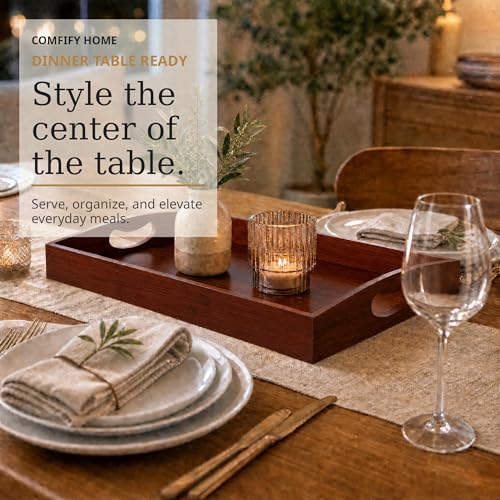 Comfify Dark Brown Bamboo Serving Trays Set of 3 – Nesting Ottoman Trays | Dark-stained bamboo with walnut tones; cutout handles; for coffee table, bar and bedroom dresser; S: 12", M: 14.5", L: 16.25" - color: Dark Brown