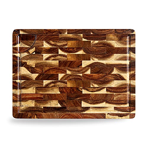 End Grain Butcher Block 15"x11", Premium Acacia Wood Cutting Board with Juice Groove, TJ POP Medium Chopping Board for Kitchen, 1.2" Thick - color: End grain-rectangle