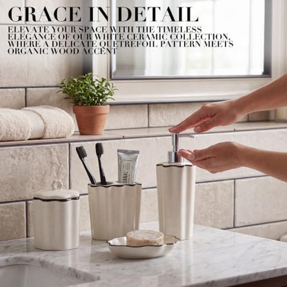 Zhehao Scalloped Bathroom Ceramic Accessories Set 4 Pcs Bathroom Accessory Sets with Toothbrush Holder Soap Dispenser Soap Dish Cotton Swab Jar Bathrooms Countertop Organizer (Black) - color: Black