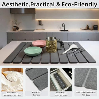 Large Stone Dish Drying Mat for Kitchen Counter Sink Bathtub, Diatomaceous Earth Food Grade Super Absorbent Self-Drying Fast Dry, Foldable Easy-to-Clean Eco-Friendly Drying Pad, 24"×16", Dark Gray