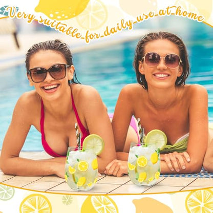 Sliner 2 Pack Lemon Stemless Wine Glasses 17oz Lemon Drinking Glasses Clear Stemless Wine Tumbler Unique Gift for Wedding, Mother's Day Birthday Drinking Party - style: Lemon