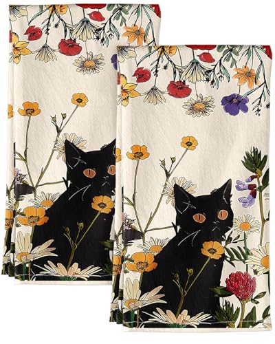 150GSM Flour Sack Kitchen Towels Set of 2, Cat in Grass | 18"x26", Lightweight, Lint-Free, Pure Cotton, Decorative, with Hanging Loop, Absorbent, Softer after Wash, Giftable Package - color: Cat in Grass