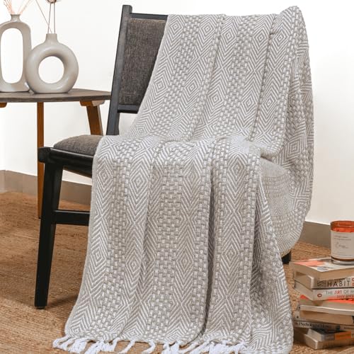 RAJRANG Boho Cotton Throw Blanket - 50x60 Inches - Rustic Sofa Throws for Living Room Decor Feather Grey Beige - color: Feather Grey
