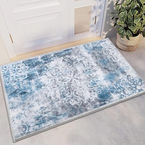 HEBE Indoor Door Mat 2'x3', Washable Welcome Mat for Front Door Entrance | Non Slip Soft Boho Entryway Rug, Vintage Distressed Low-Pile Entry Mats Floor Carpet for Entrance, Porch, Bathroom - color: Blue/Grey, size: 2' x 3' (Rectangular)