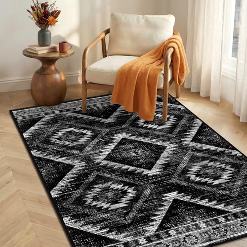 3'x4'Washable Area Rug for Living Room Bedroom Black | Soft Western No Slip Low Pile Print Foldable Indoor for Kitchen Dining Room - color: Black, size: 3' x 4' (Rectangular)