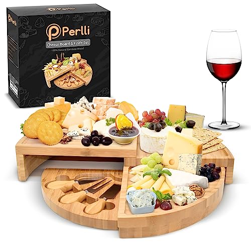 Bamboo Cheese Board & Knife Set, Large Folding 18 Inch Round Wood Rotating Charcuterie Board Set Cheese Meat Wine Serving Tray Platter, Home Decor