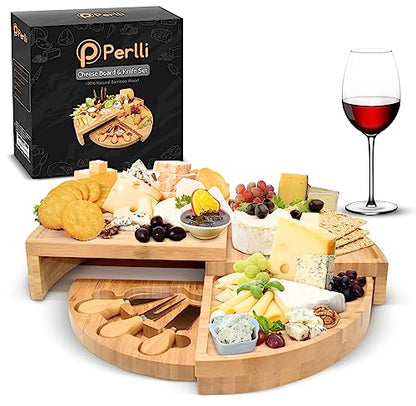 Bamboo Cheese Board & Knife Set, Large Folding 18 Inch Round Wood Rotating Charcuterie Board Set Cheese Meat Wine Serving Tray Platter, Home Decor