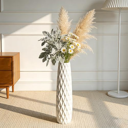 White Tall Ceramic Floor Vase, 24 Inch, Textured Design | Glossy Glazed Finish, Living Room, Fireplace, Entryway, Pampas Grass - color: Shape 2, size: 24 Inch