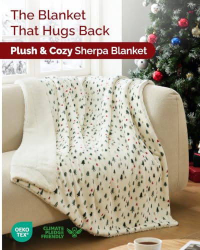 Christmas Sherpa Blanket Throw Size, Reversible Blanket - Trees, 50x60 | Super Soft Double Sided Throw for Bed, Sofa, Couch, Reversible Sherpa Fleece Blanket, Thick, Warm, Plush, Xmas Winter Bedding - color: 01 - Trees