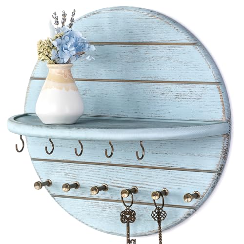 Rebee Vision Key Holder Wall Mount with Floating Shelf for Mails, Blue | Pine Wood, Key Holder for Sunglasses & Small House Items, Entryway Organizer, Kitchen Wall Storage, Farmhouse Home Decor - color: Blue