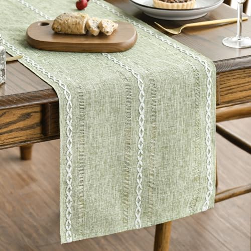Artoid Mode Sage Green Rustic Cotton Linen Table Runner, Seasonal Embroidered Hollow Kitchen Dining Table Decoration for Home Party Decor 13x60 Inch - color: Sage Green, size: 13" x 60"
