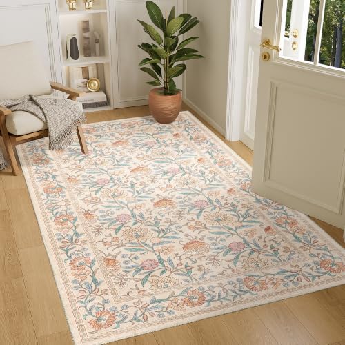 DUKINO 4x6 Area Rug, Washable Vintage Floral Rug for Living Room, Beige | Non Slip, Low Pile, Stain Resistant Boho Lightweight Soft Indoor Carpet for Bedroom Office Dining Room Entryway Farmhouse - color: Beige Peach, size: 4' x 6' (Rectangular)