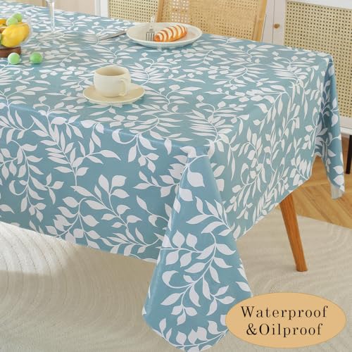 MATIRUG Vinyl Tablecloth with Flannel Backed, Heavy Weight Waterproof | PVC Tablecloth Wipeable Oil-Proof Plastic Table Cover for Party Outdoor Picnic (Blue Leaf, 60x102 Inch Oblong) - size: 102" x 60" (Rectangular)